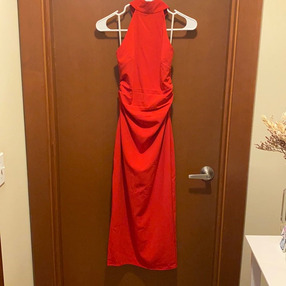Red mock neck midi dress